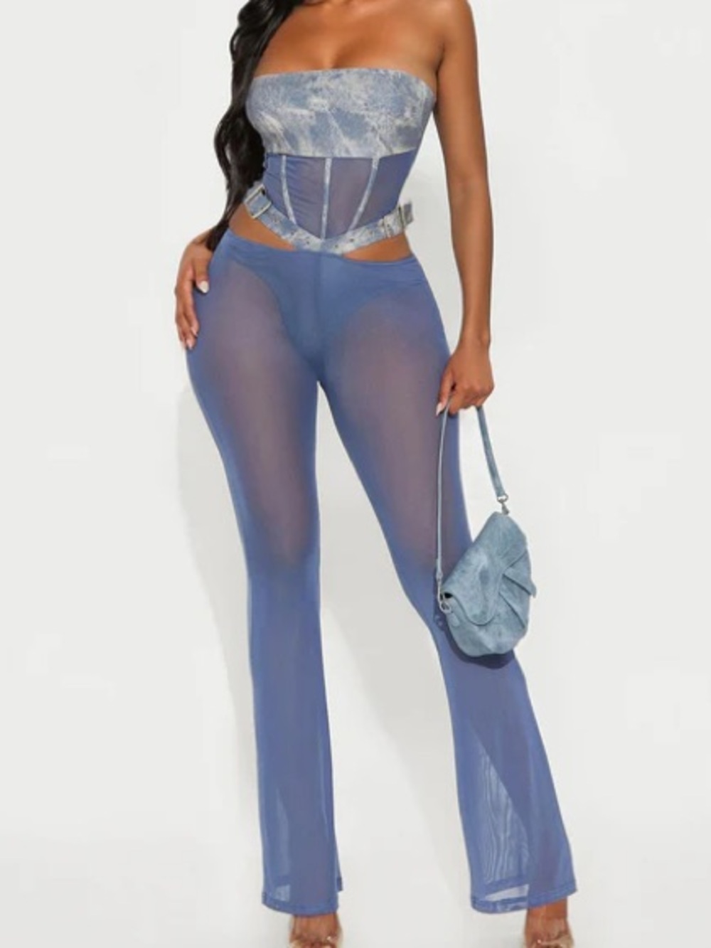 Sheer Blue Mesh Flare Jumpsuit NEW 🏷️